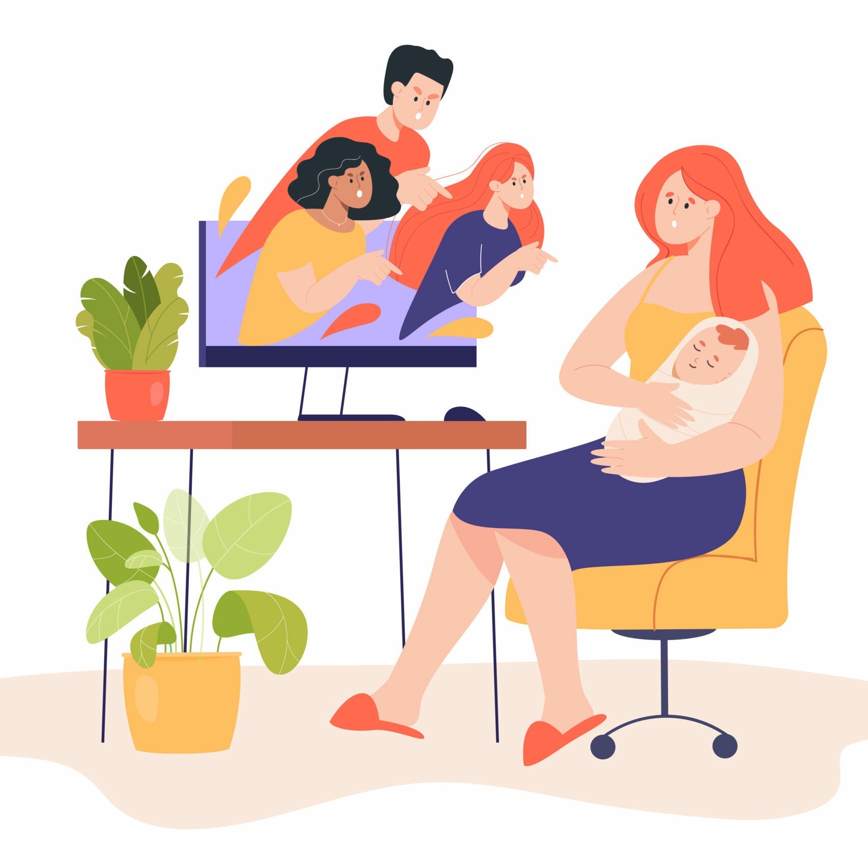 People on computer screen blaming young mother. Mom with newborn baby receiving negative comments and messages on internet flat vector illustration. Motherhood, bullying, stress, society concept